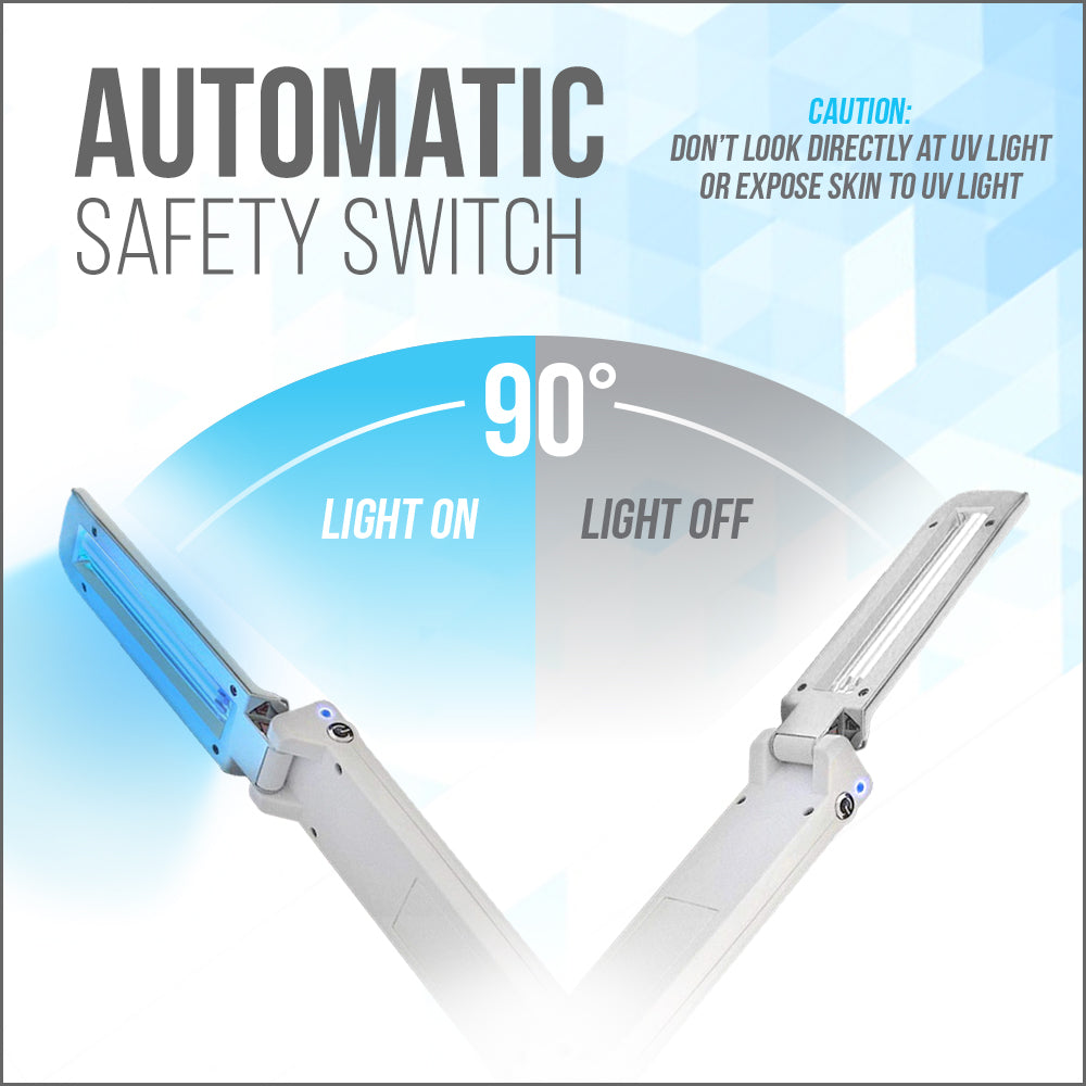 UV Wonder Wand has an automatic safety switch that will only allow the UV Light to come on when it is pointing dowen towards the surface. 